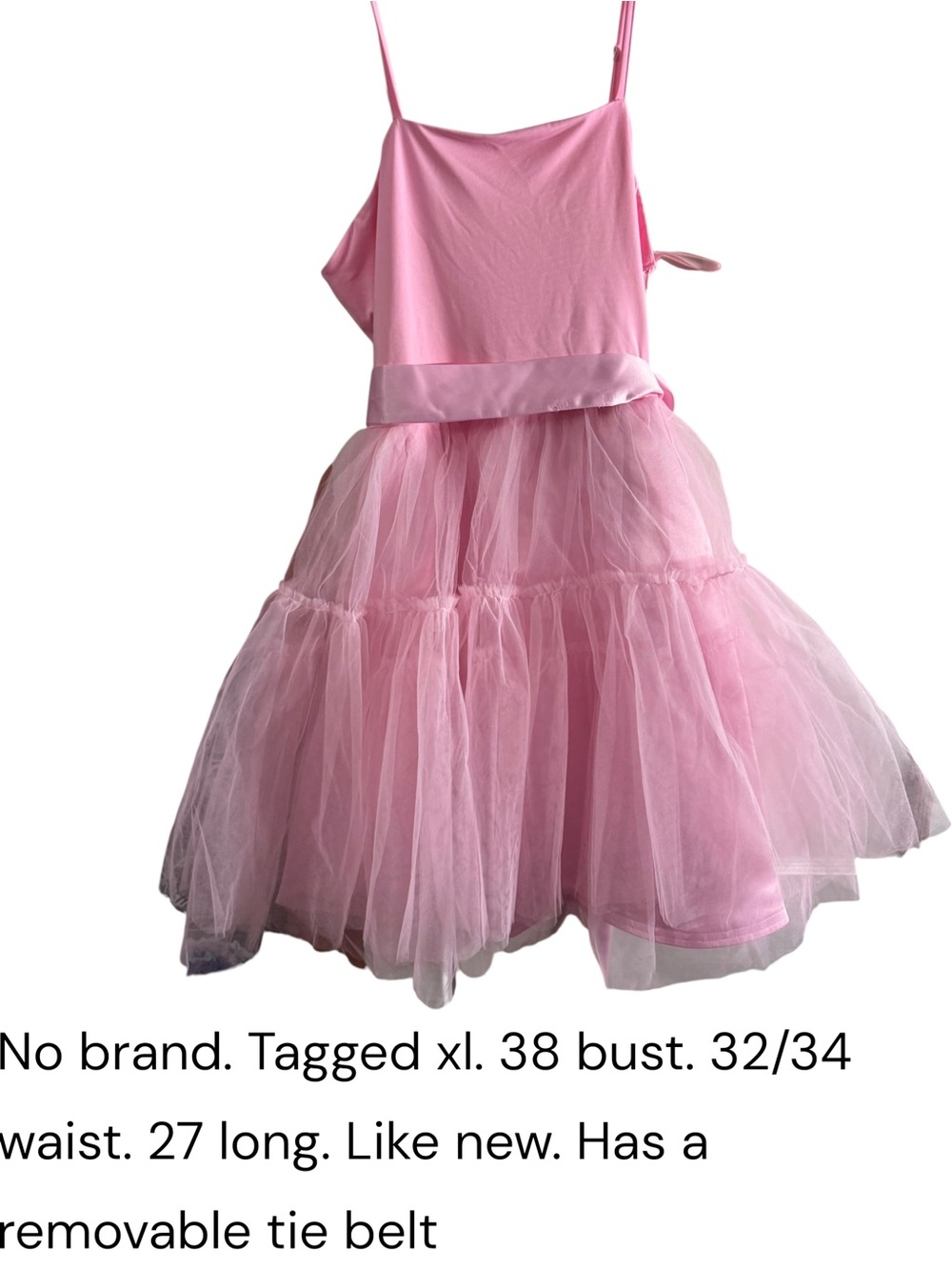 Pink Tulle Spaghetti-Strap   Dress with Removable Tie Belt